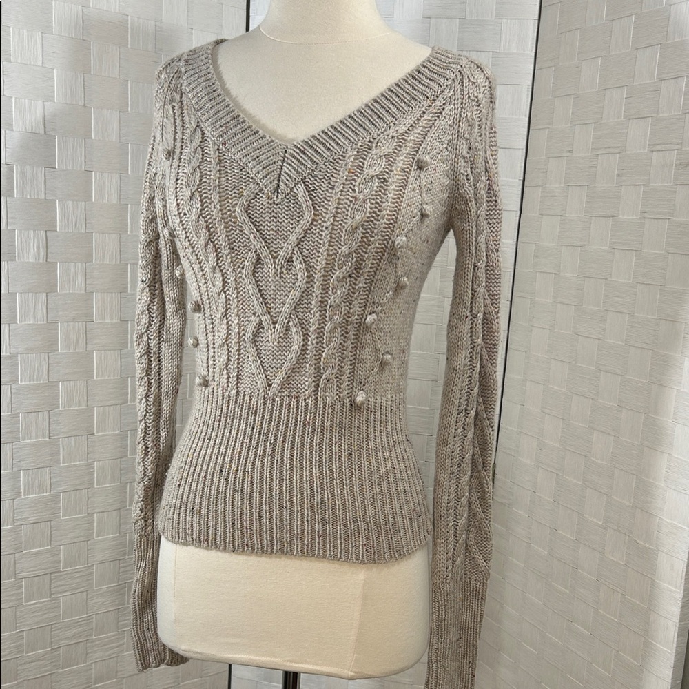 Takeout V-Neck Cable Knit Sweater - Light Brown with colorful flecks